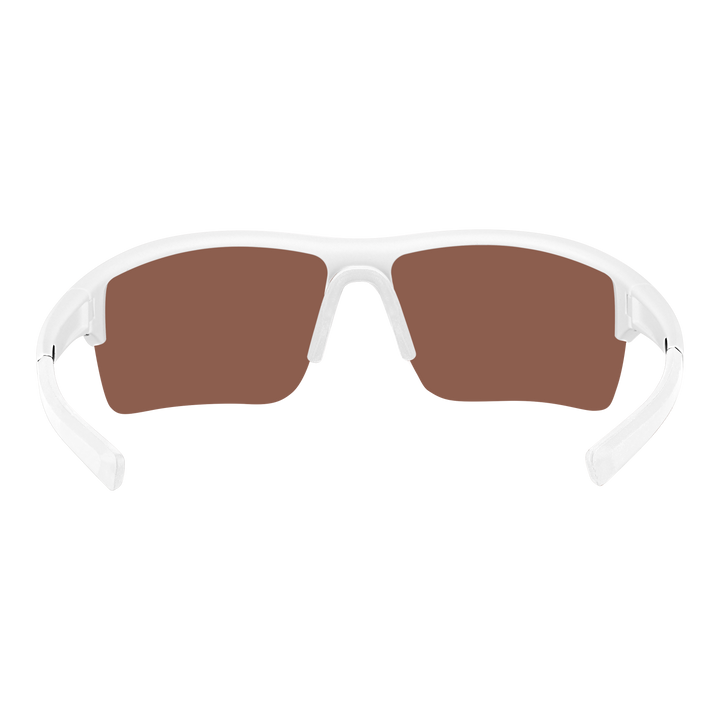 White frame sunglasses with brown lenses, rear view.