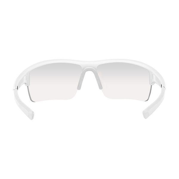 White sporty sunglasses with clear lenses, viewed from the back.