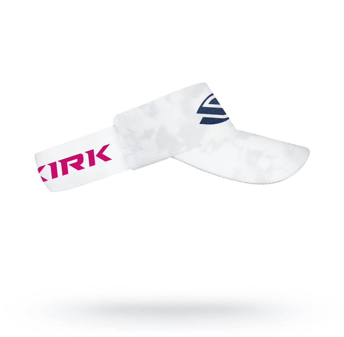 White pickleball visor with subtle pattern and pink logo.
