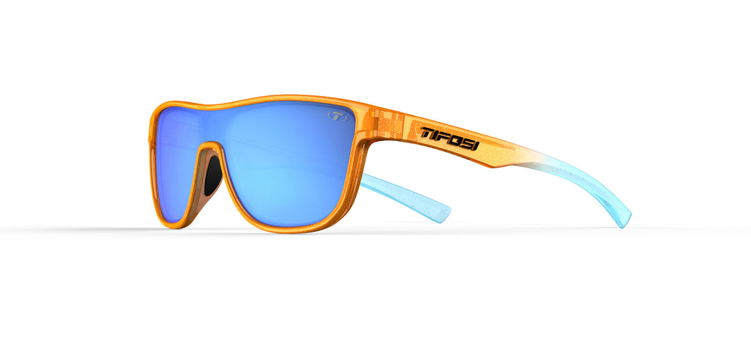 Amber-framed sunglasses with sky blue mirrored lenses, shown on a white background.