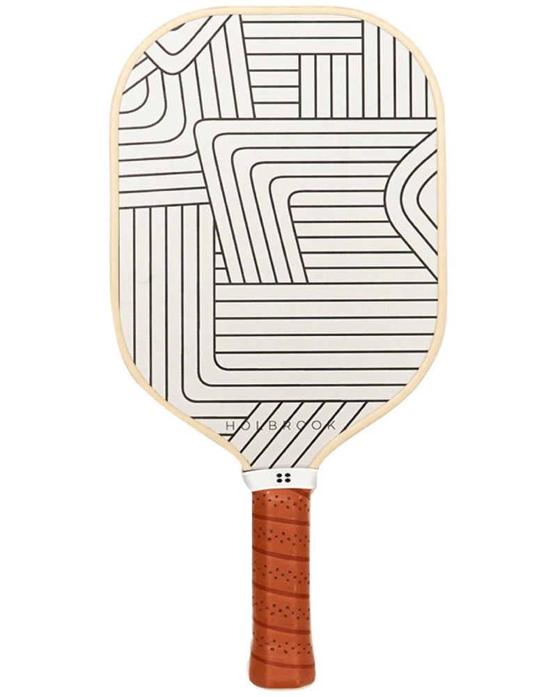 Holbrook Performance-SoHo Paddle: cream & black geometric paddle with brown grip.
