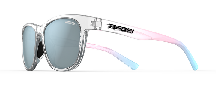 Clear frame sunglasses with bright blue mirror lenses and pastel pink and blue temples.