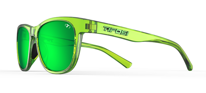 Lime green translucent sunglasses with bright green mirrored lenses, shown from the side.
