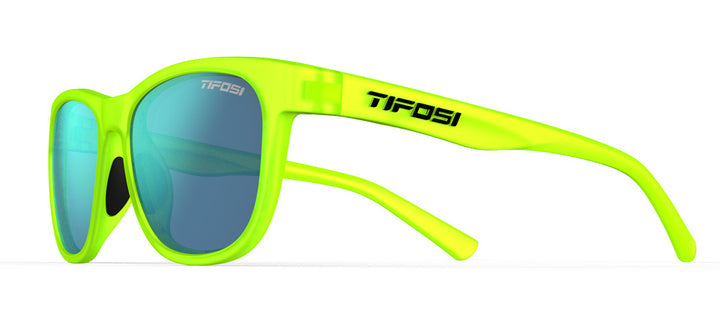Bright green sunglasses with blue mirrored lenses, shown from a side angle.