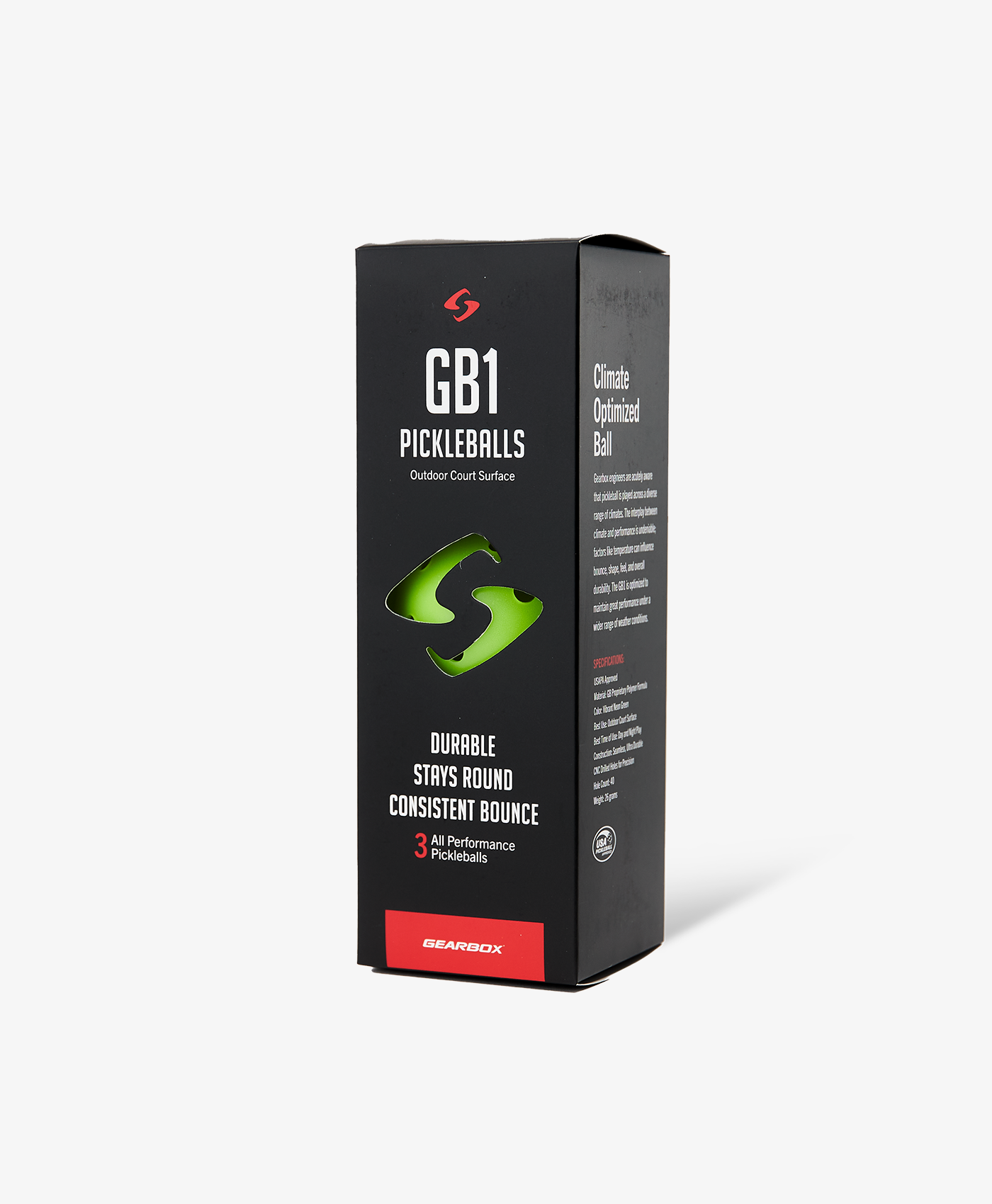 Three lime green pickleballs in a black box, designed for outdoor play.