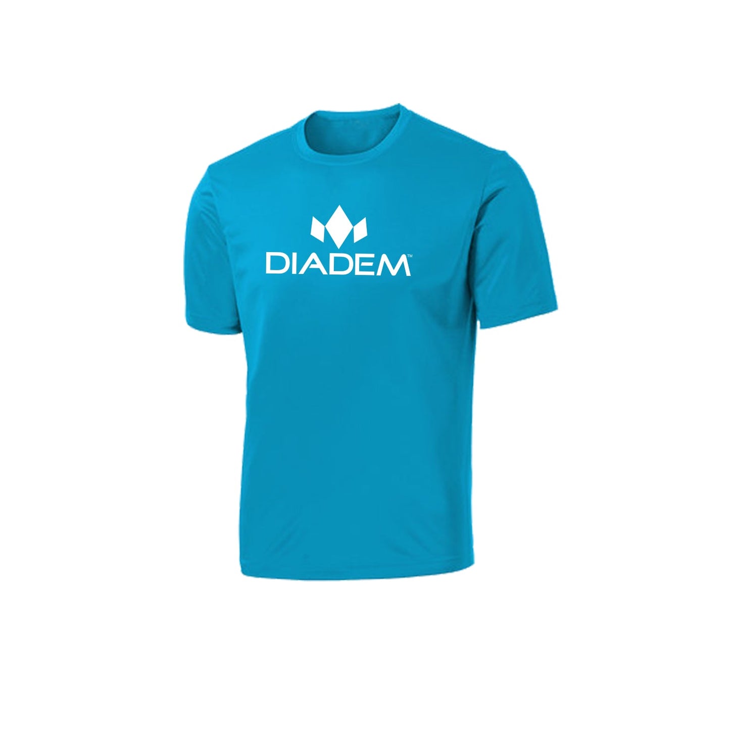 Vibrant turquoise short-sleeve shirt, featuring a white logo.