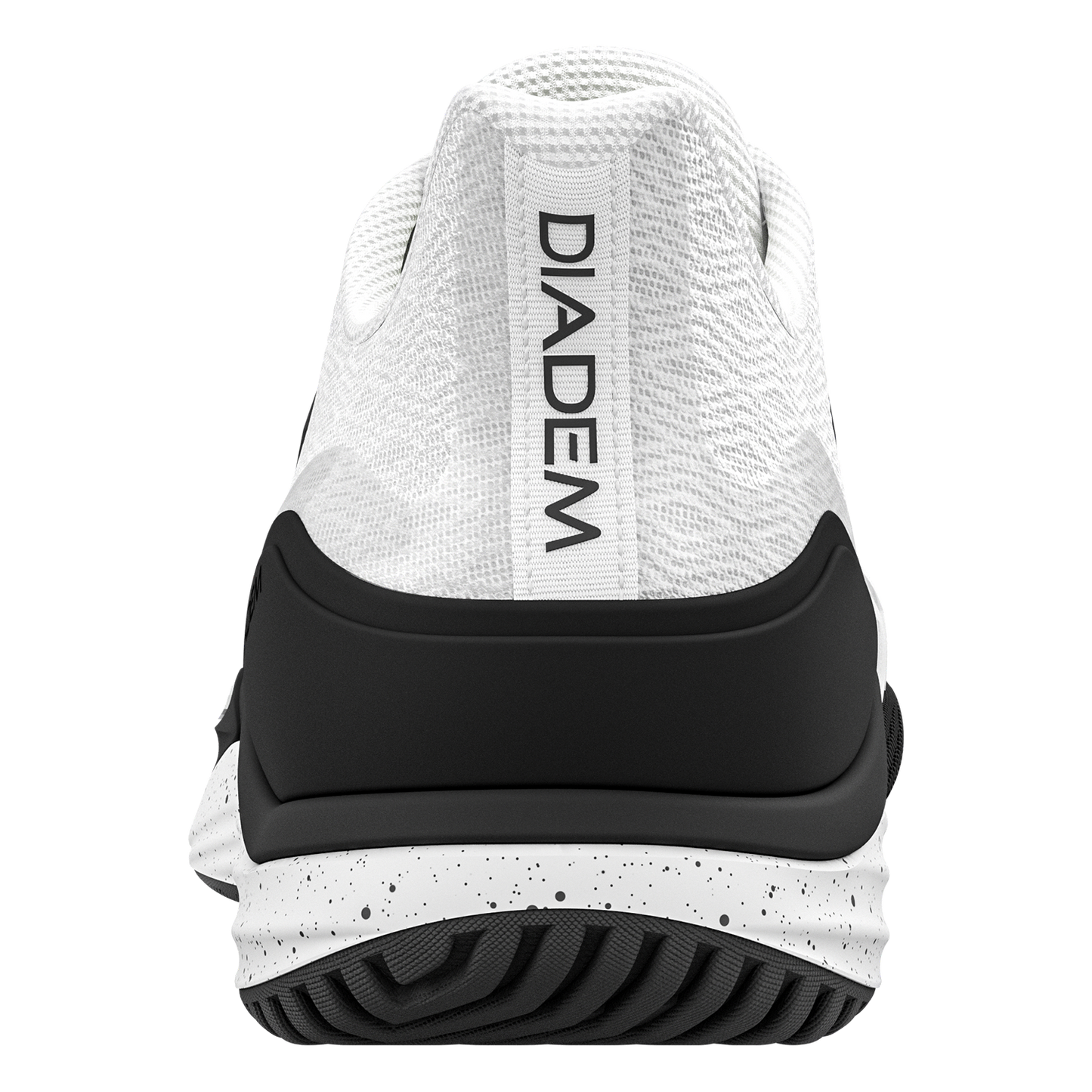Rear view of white men's athletic shoes with black sole and speckled midsole.