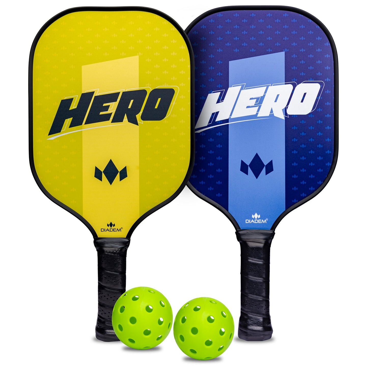 Diadem Hero Starter Kit V2: Two yellow and blue pickleball paddles with two lime green balls.