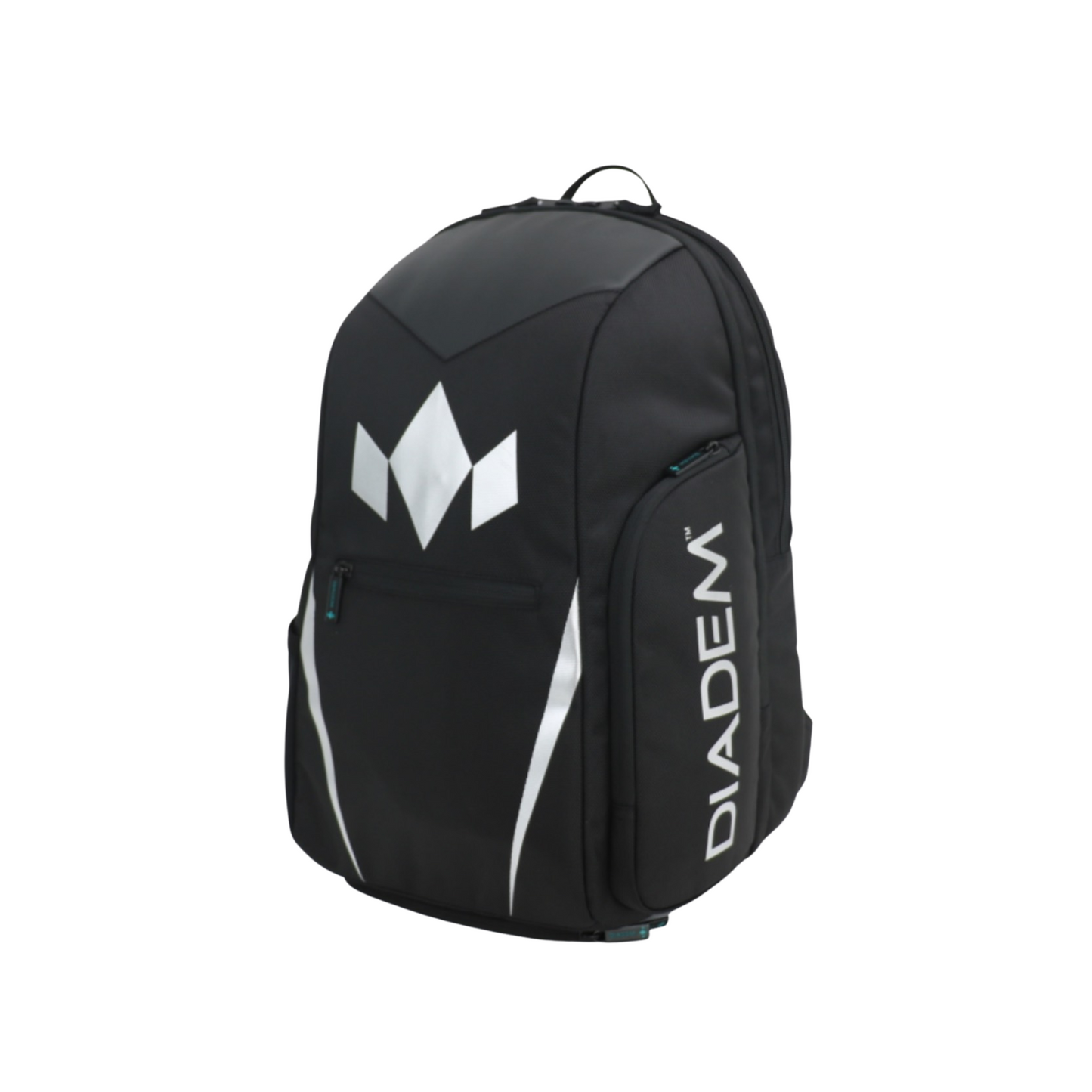 Diadem Tour V3 Backpack: Black backpack with white logo and accents.