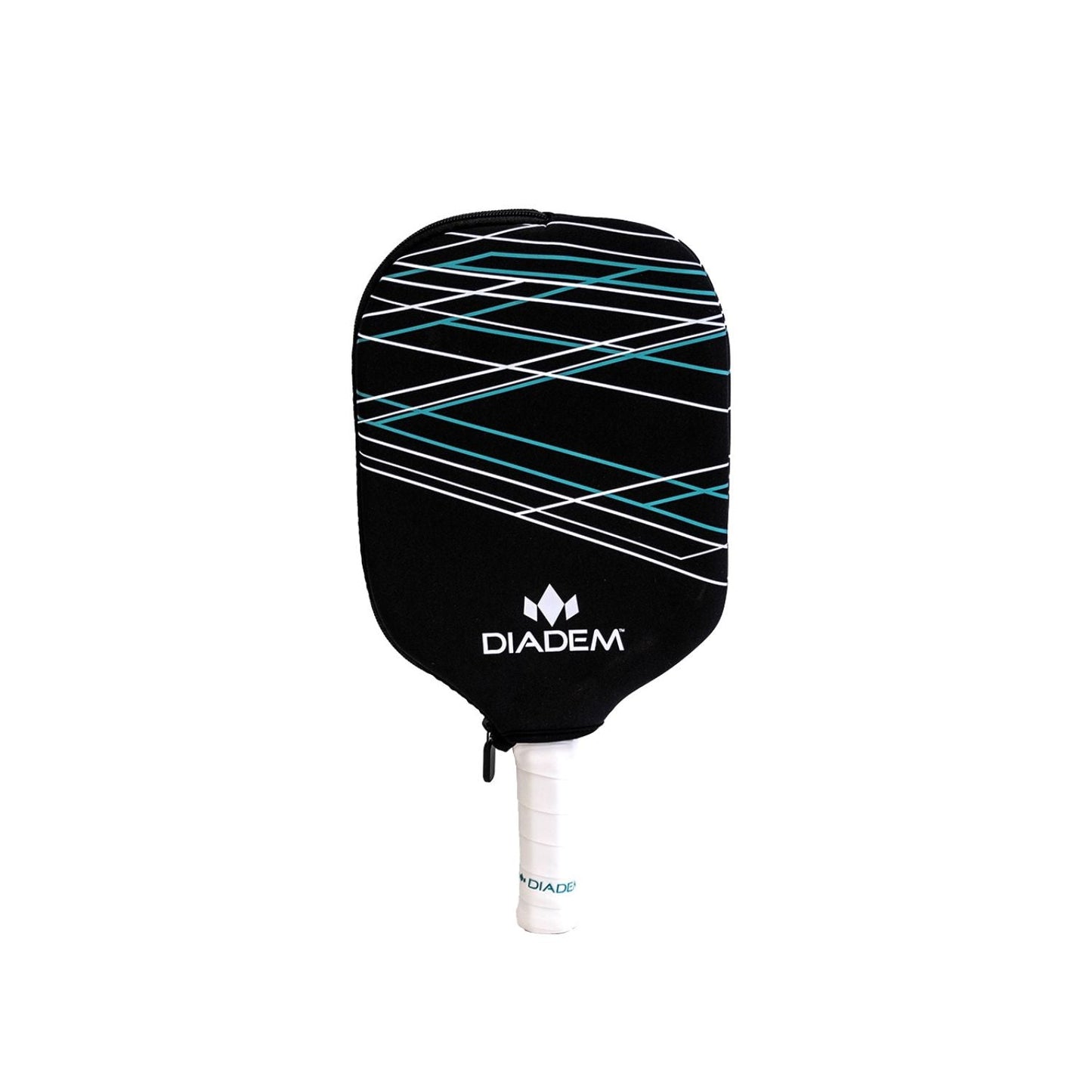 Diadem Line Paddle Cover: Black neoprene cover with teal & white geometric design, protects your paddle.