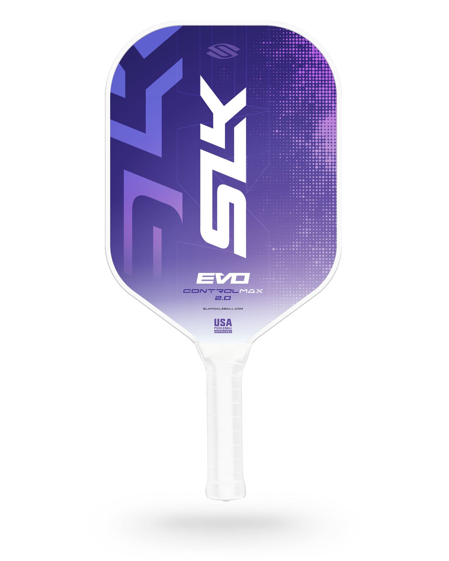 Purple and white pickleball paddle with geometric design, USA Pickleball Approved.
