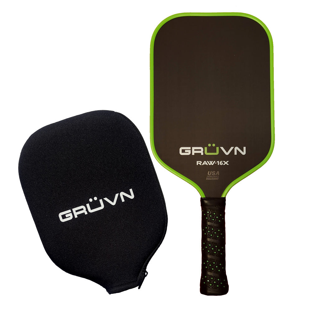 Pickleball paddle with protective case; black paddle with lime green trim.