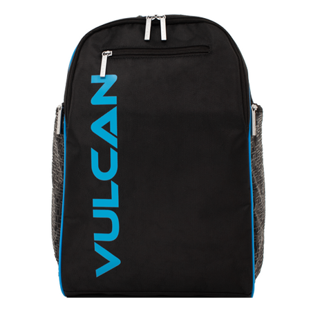 Black backpack with teal logo detail and gray side pockets.