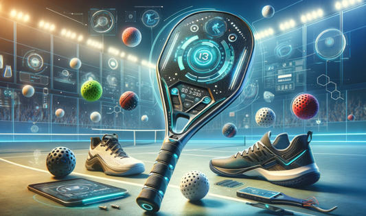Futuristic paddle, athletic shoes, and balls in a digital arena setting.