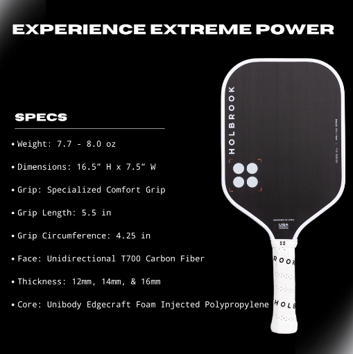 Black pickleball paddle with white grip and carbon fiber face.