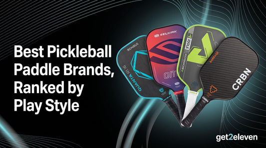 Ronbus, Selkirk, JOOLA and CRBN pickleball paddles fanned out at Get2Eleven