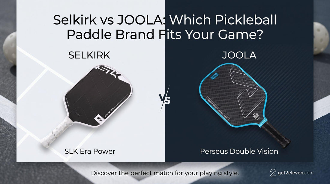 Selkirk SLK Era Power and JOOLA Perseus Double Vision pickleball paddles compared side by side at Get2Eleven