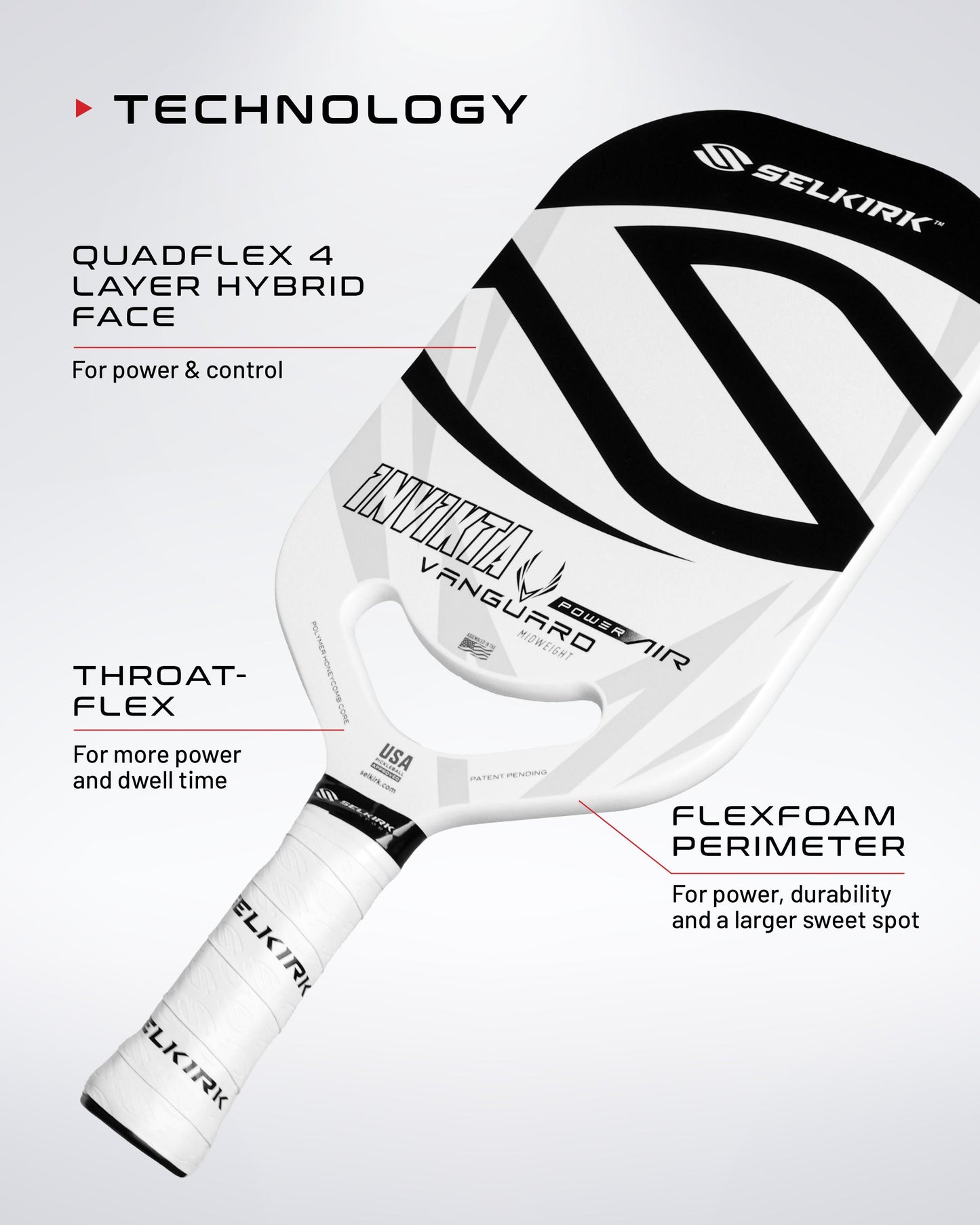 White and black pickleball paddle showcasing its innovative design and features for enhanced power and control.
