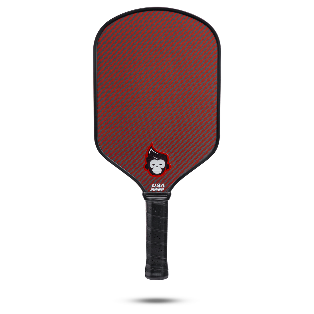 Red and gray carbon fiber pickleball paddle with black grip; USA Pickleball Approved.
