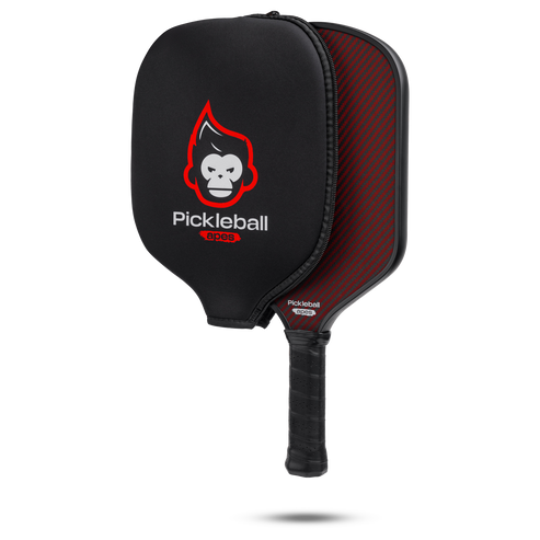 Black and red pickleball paddle with protective cover; graphite-like texture.
