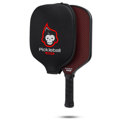 Black and red pickleball paddle with protective cover; graphite-like texture.
