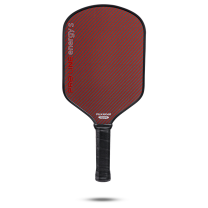 Apes Pro Line Energy S Pickleball Paddle with cover; red & gray carbon fiber face, black grip.
