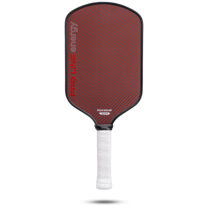 Apes Pro Line Energy Pickleball Paddle with cover; red & gray carbon fiber face, white grip.
