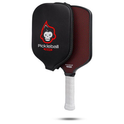 Black and red pickleball paddle with protective cover; white grip.
