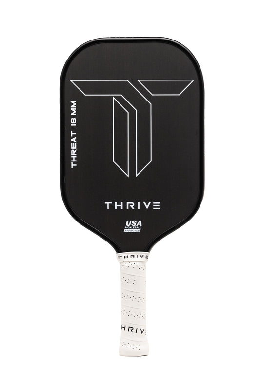 Thrive Threat 16mm Pickleball Paddle: Black, with white grip &  USA Pickleball Approved. Includes free cover, eraser, weights, keychain.
