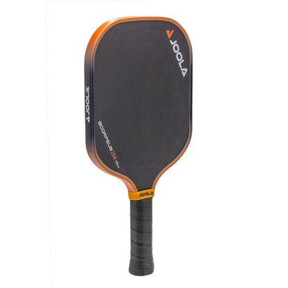 Black pickleball paddle with orange accents,  shown against a white background.
