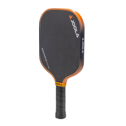 Black and orange pickleball paddle with textured grip.
