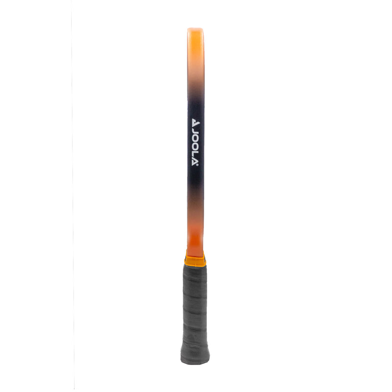 Orange and black table tennis paddle with textured grip.
