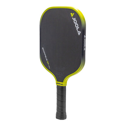 Black and lime green pickleball paddle with textured grip; 14mm core.
