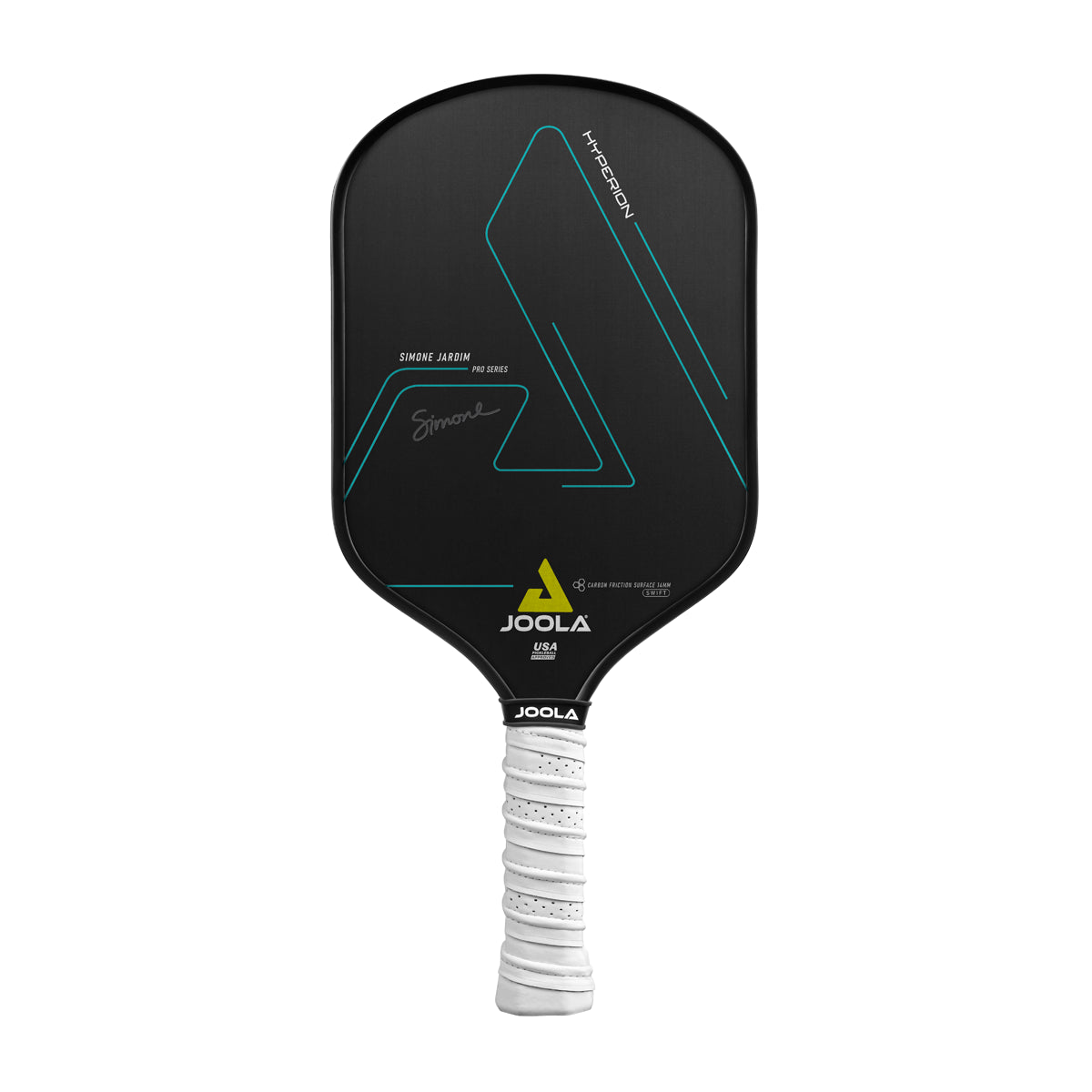 Black pickleball paddle with teal accents and white grip; pro-series design.
