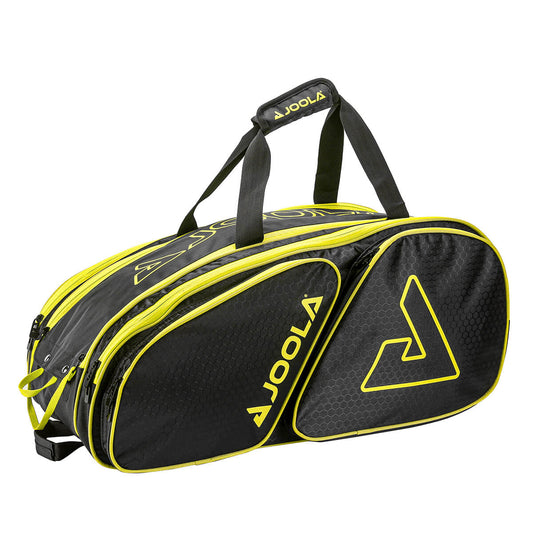 Joola Tour Elite Pro table tennis bag: black with yellow accents, spacious design for paddles & equipment.
