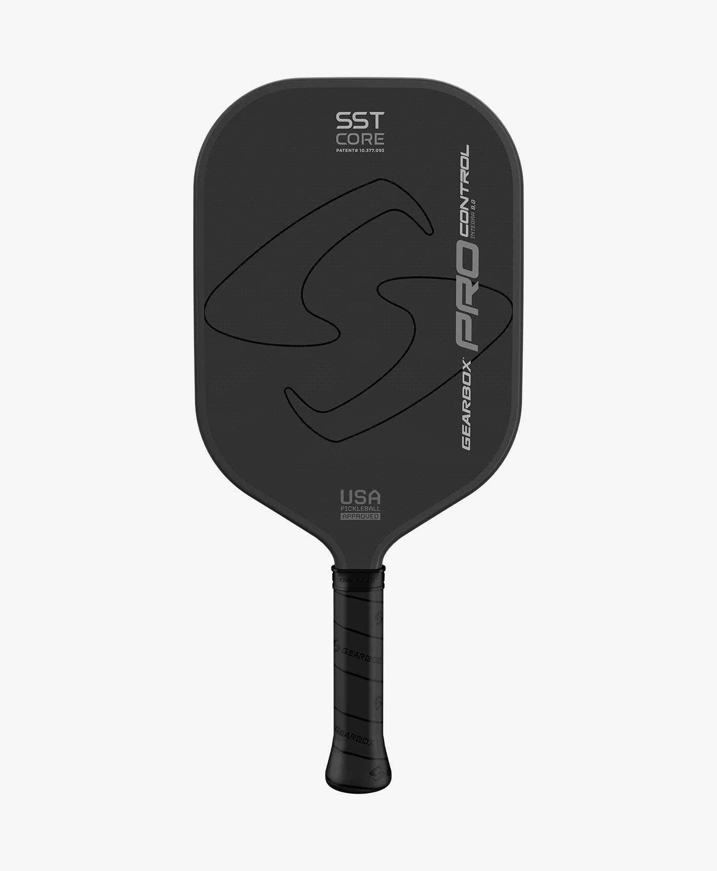 Black pickleball paddle with textured grip, featuring a sleek, modern design.
