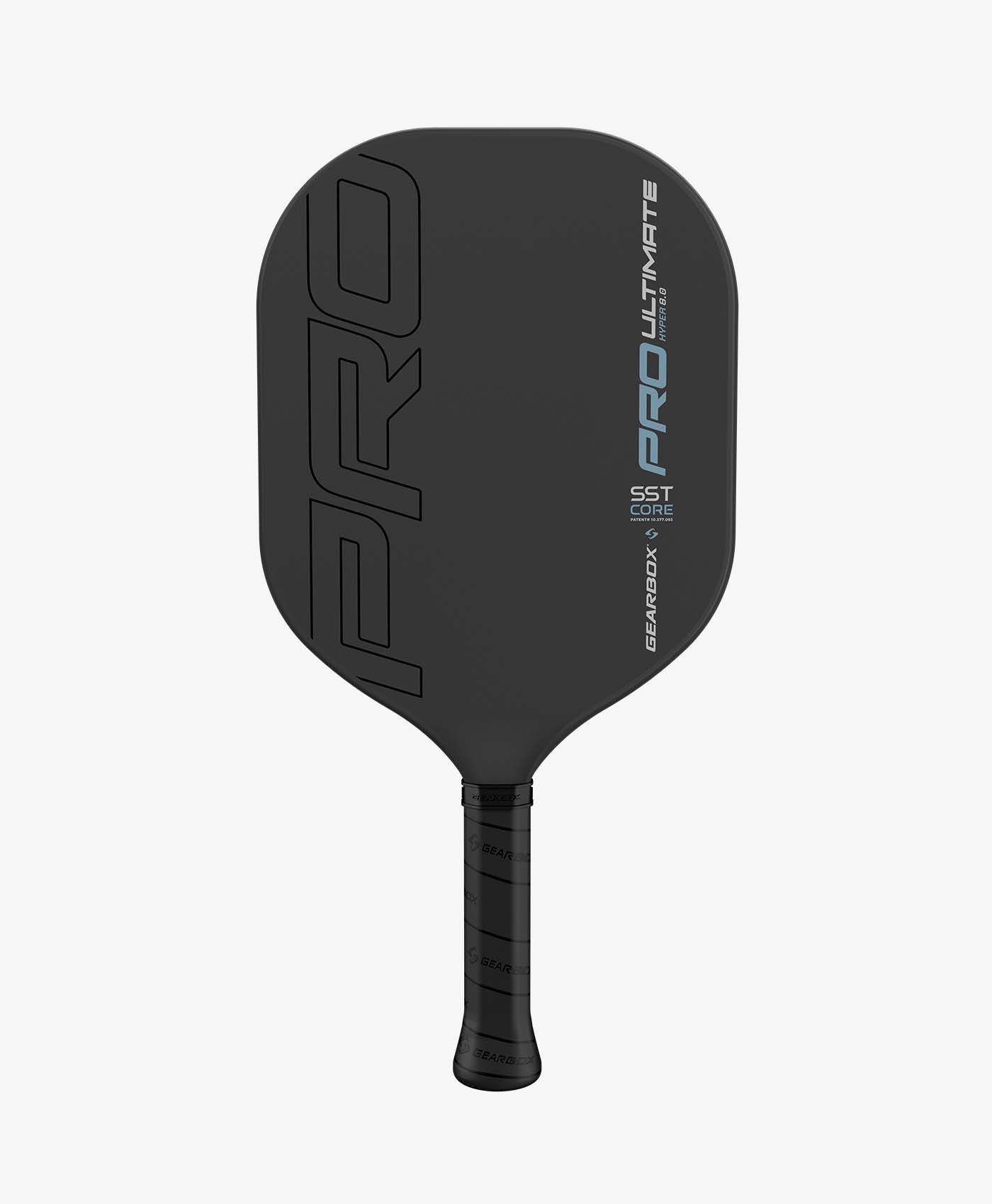 Black pickleball paddle with a textured grip, showcasing an SST Core and Hyper 8.0 design.
