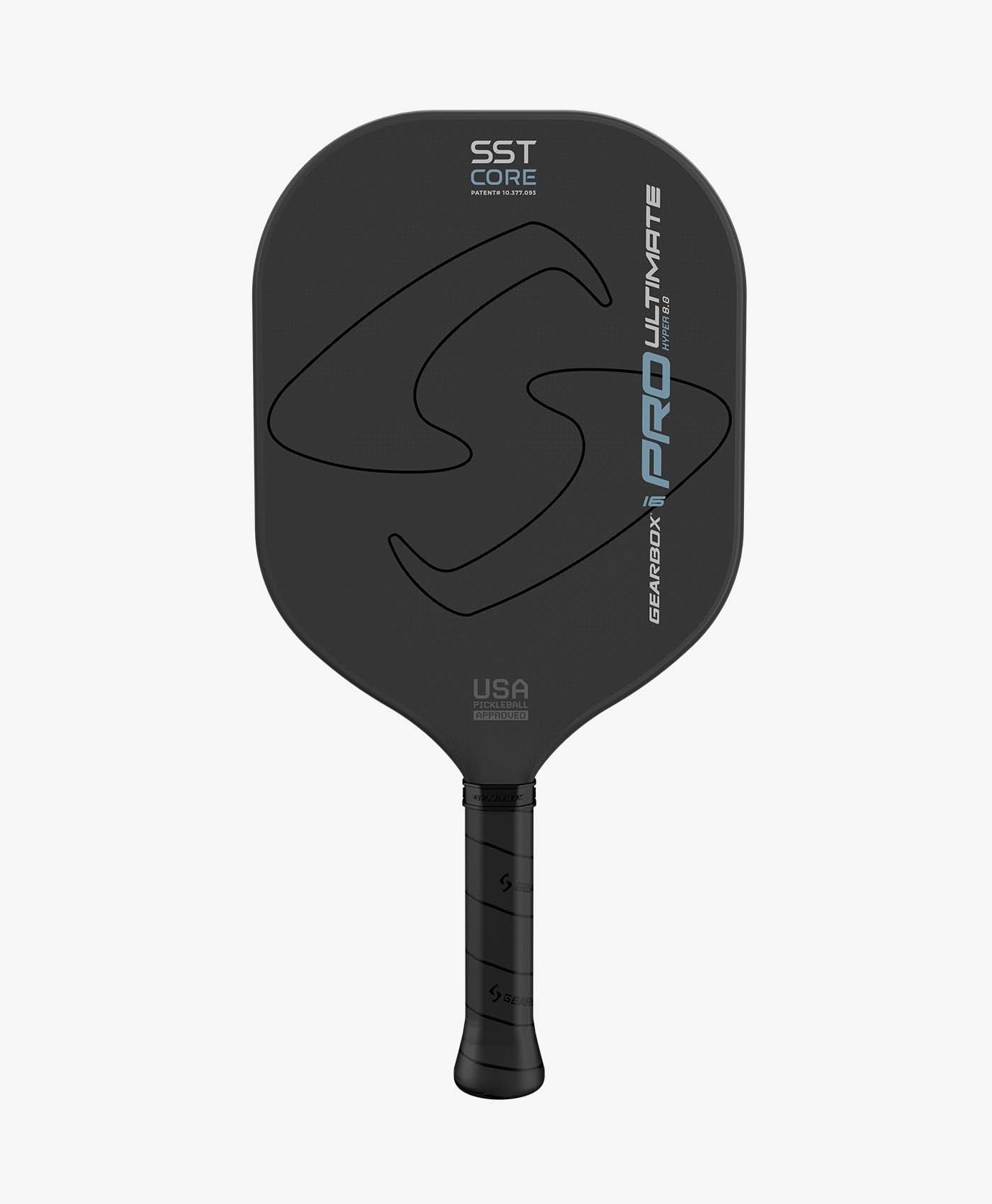 Black pickleball paddle with textured surface, showcasing a modern design.
