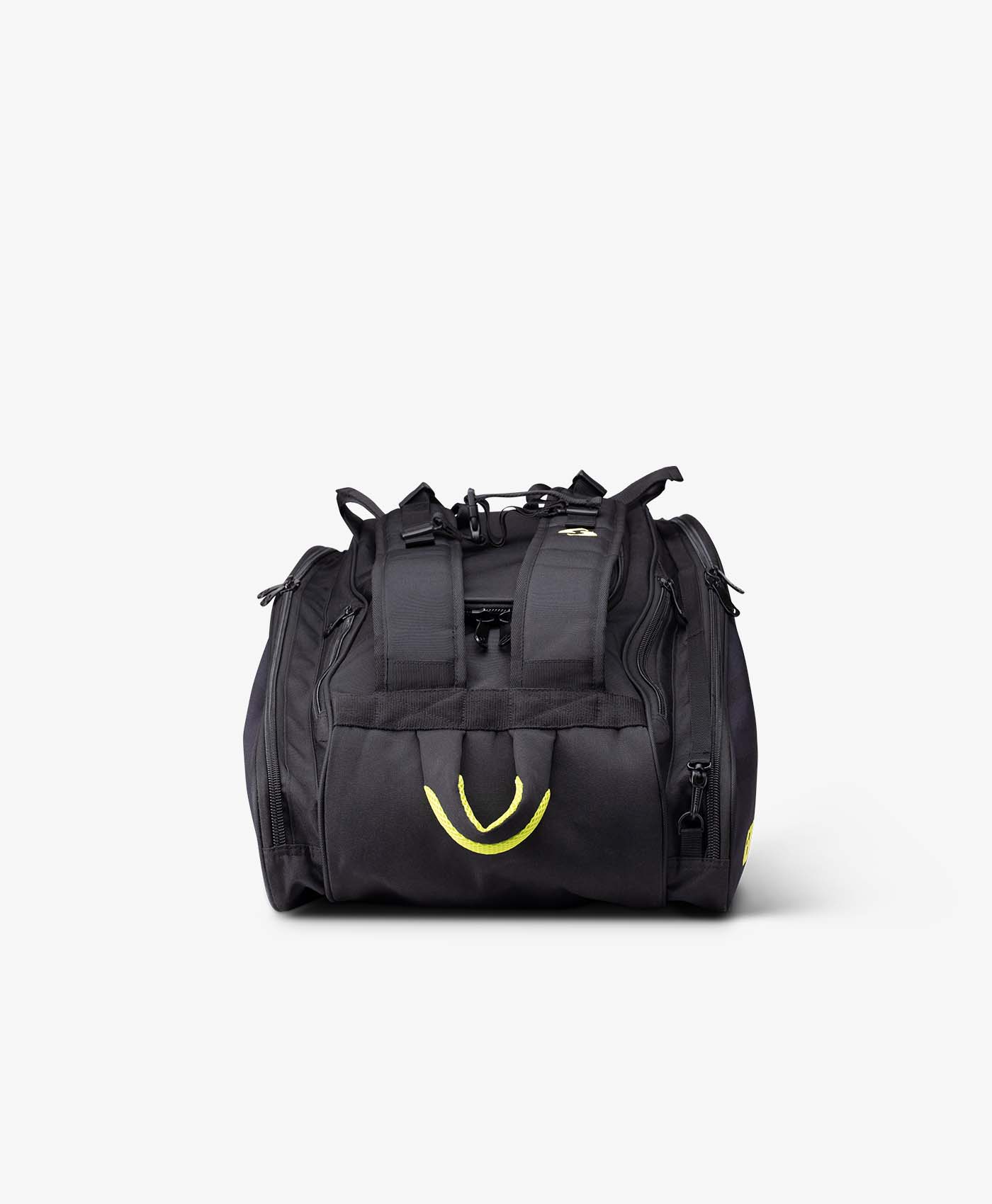 Black duffel bag with yellow detail, shown against a white background.
