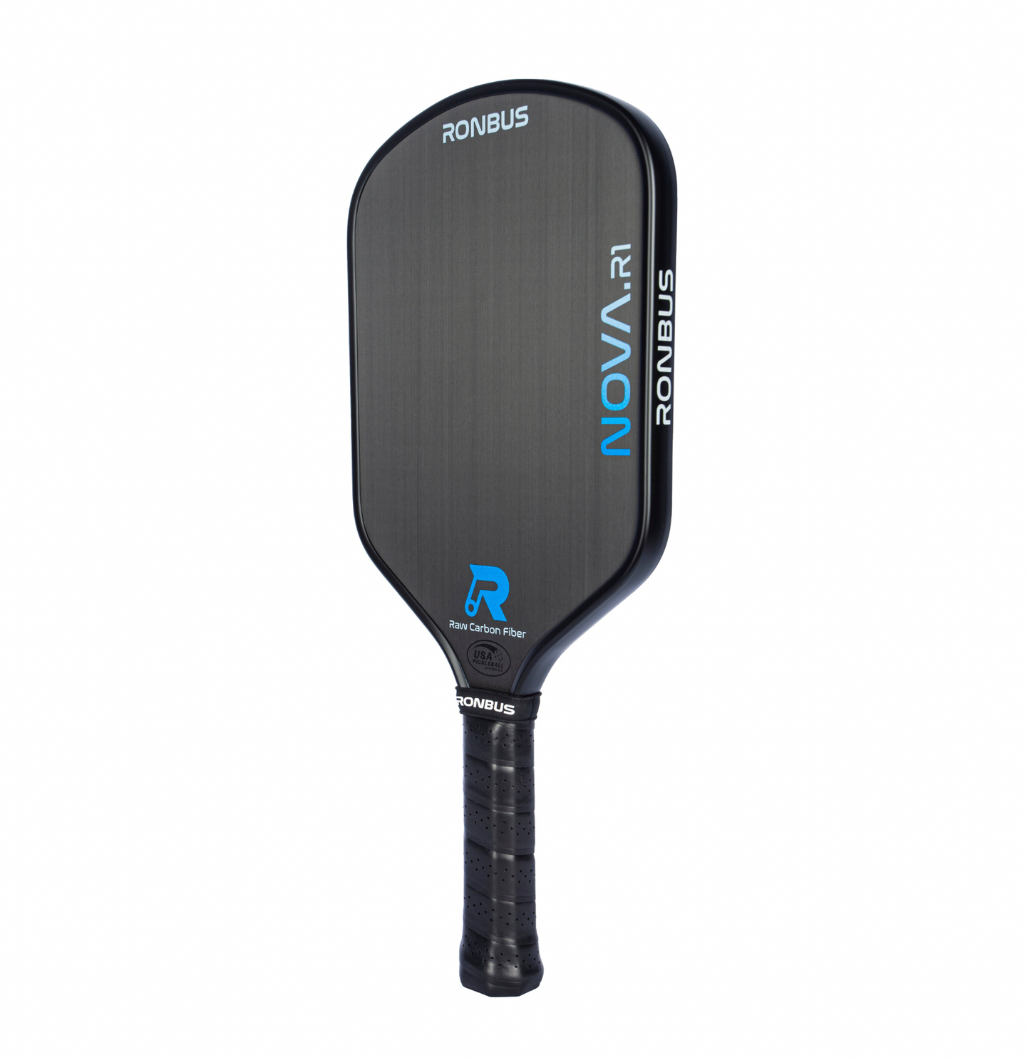 Black pickleball paddle with raw carbon fiber face, comfortable grip.
