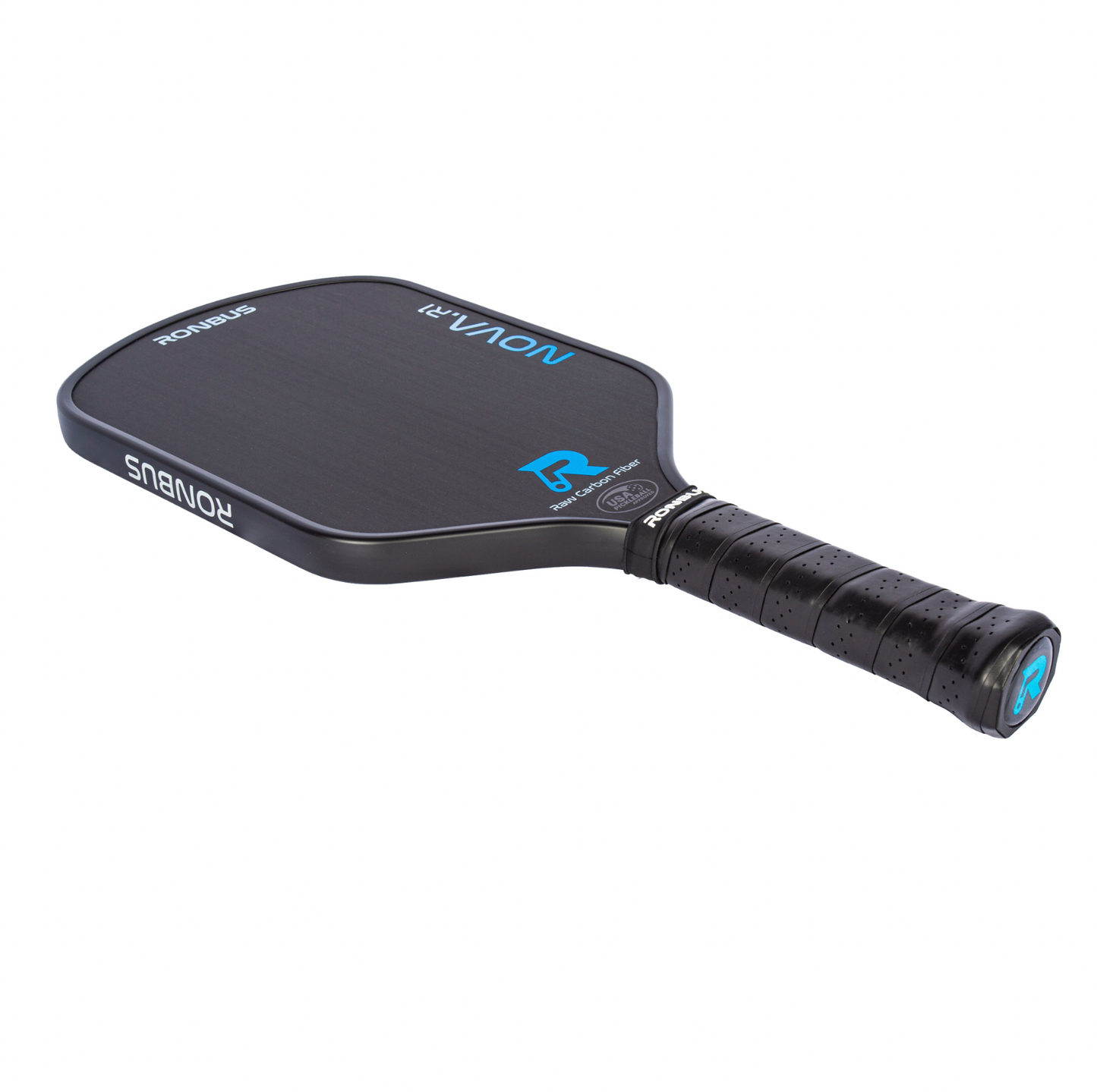 Black pickleball paddle with textured grip, showcasing raw carbon fiber composition.
