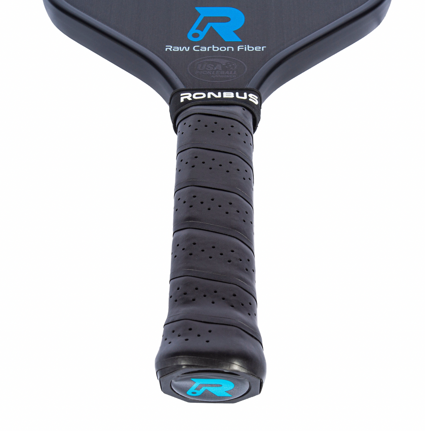 Pickleball paddle grip detail: perforated, black grip for enhanced comfort and control.
