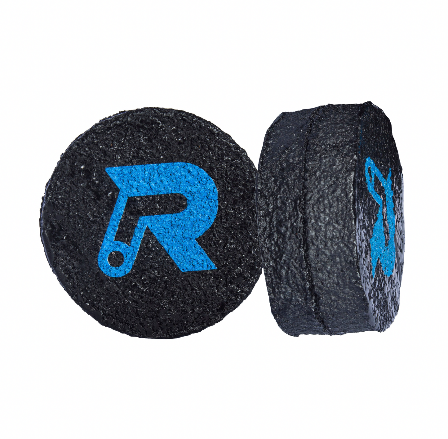 Black pickleball paddle erasers with blue logo, close-up view.
