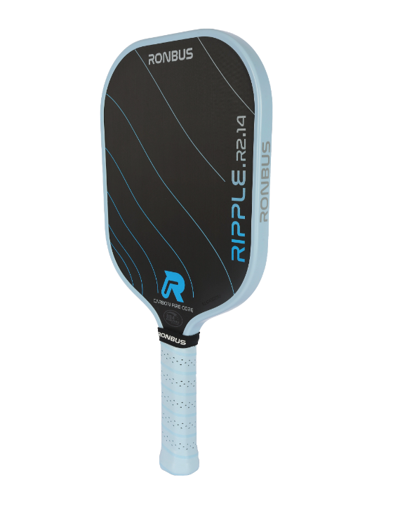 Light blue pickleball paddle with black face and textured grip.
