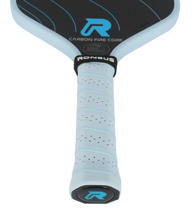 Light blue pickleball paddle grip with perforated design, showcasing comfortable texture.
