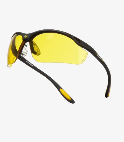 Gearbox Vision Amber Lens safety glasses with black frame and yellow lenses.
