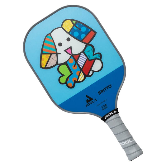 Joola Brito dog paddle, light blue with colorful dog design, gray grip.
