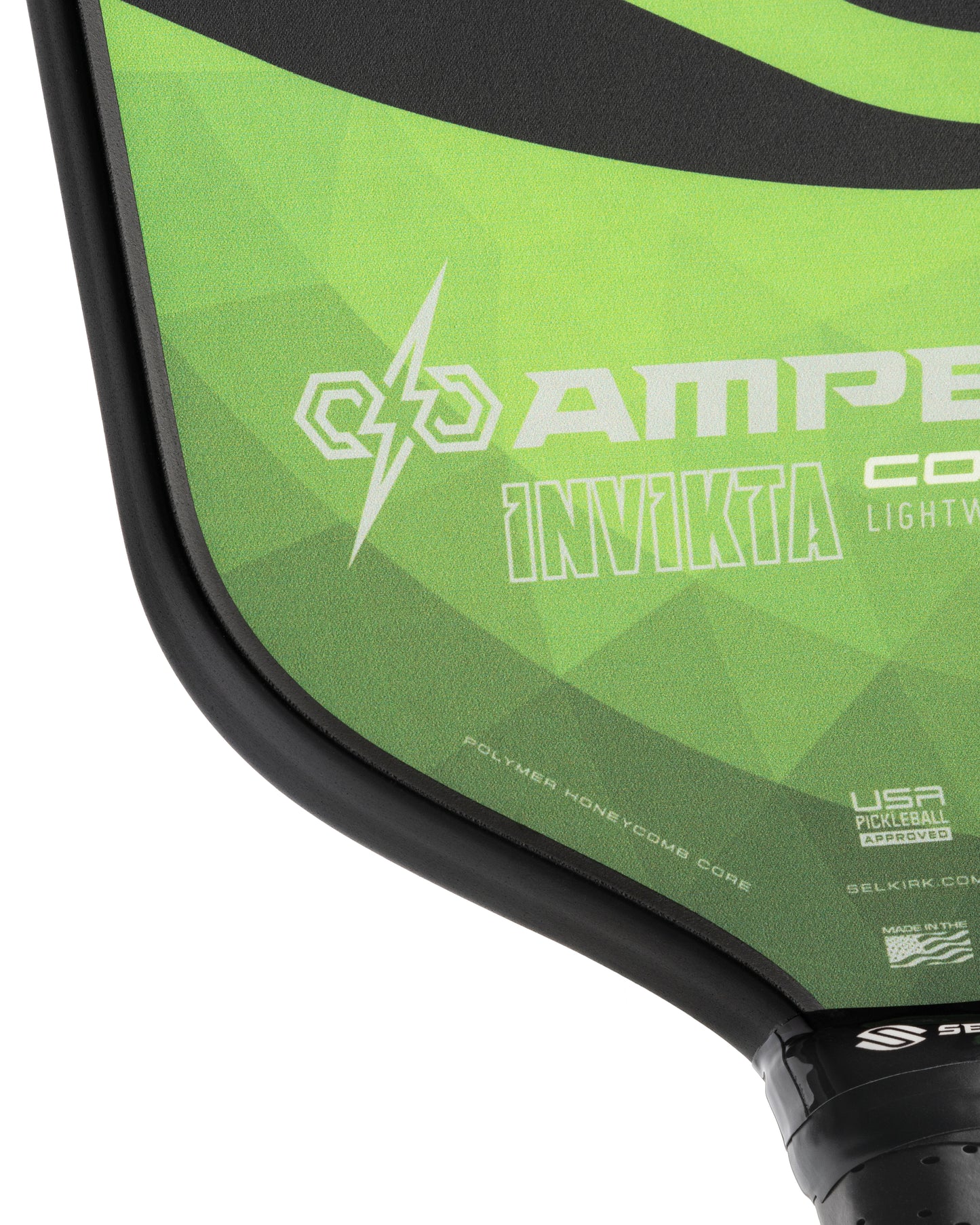 Close-up of a lightweight pickleball paddle, green with black accents, showcasing its polymer honeycomb core and USA Pickleball Approved label.
