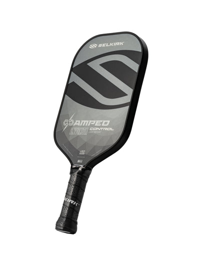 Grey and black pickleball paddle with perforated grip, showcasing lightweight design.
