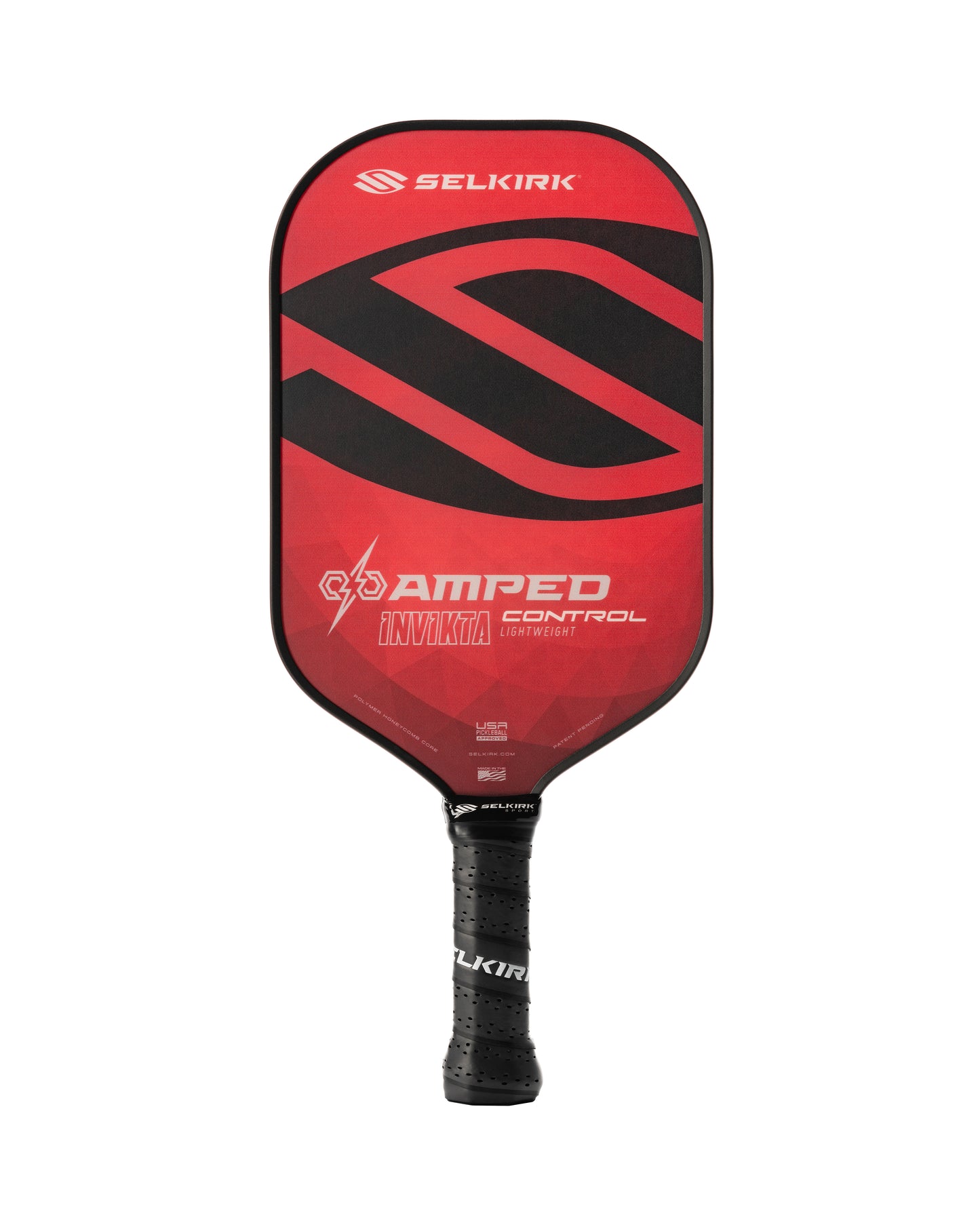 Selkirk AMPED Control Invikta: Lightweight red pickleball paddle with black accents and perforated grip.
